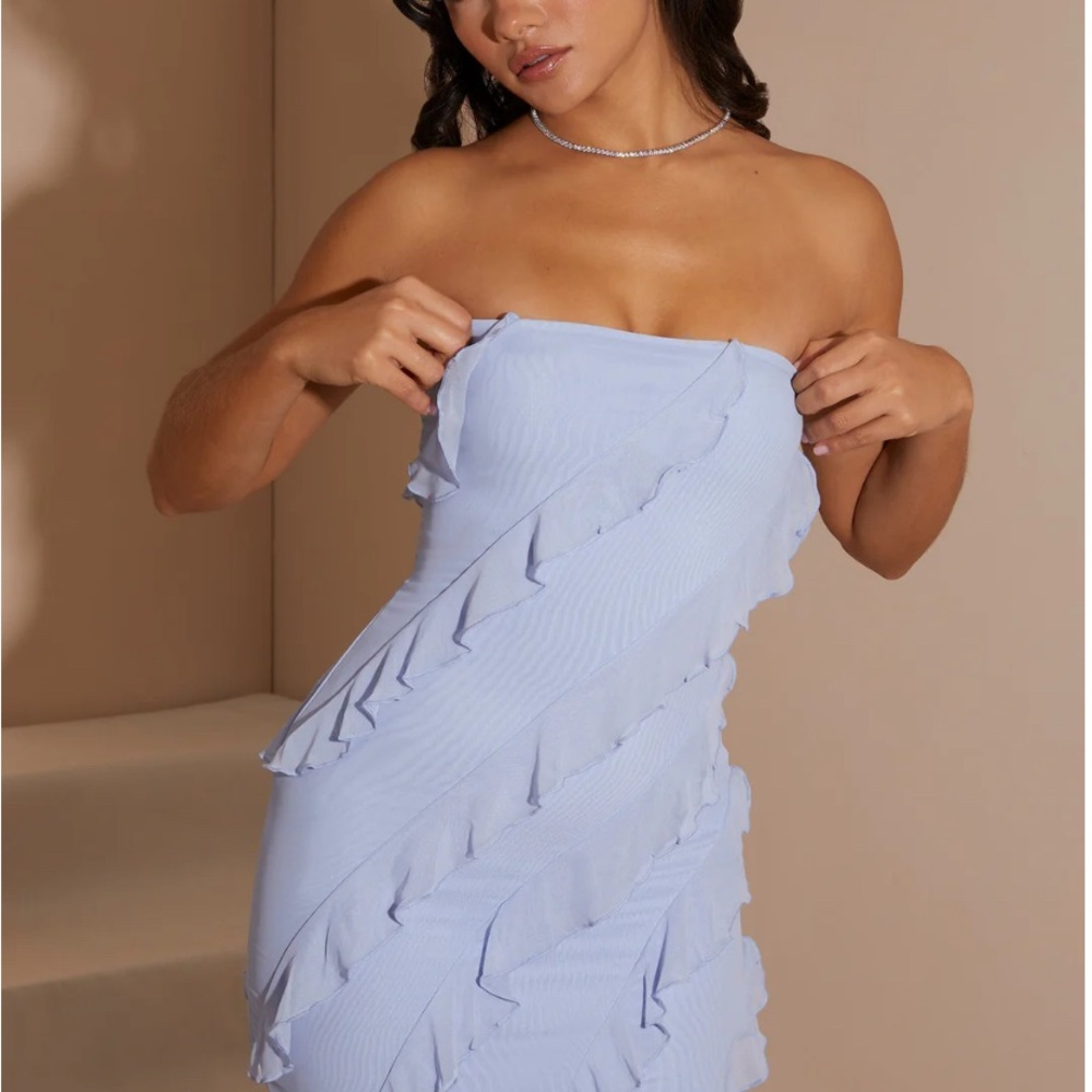 OH POLLY - Tatiana - Bandeau Ruffle Detail Mini Dress in Blue